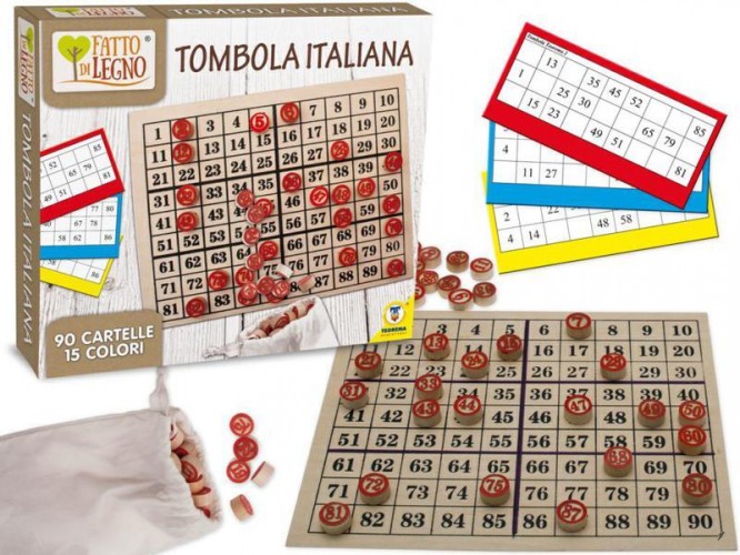 SCATOLA TOMBOLA ITALIANA LEGNO 90 CARTELLE